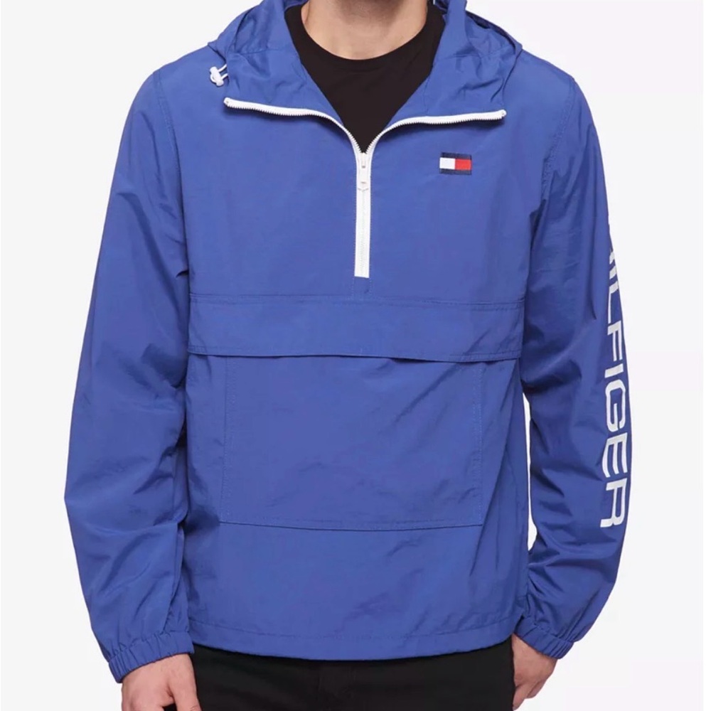 Tommy Hilfiger Navy Nylon Hooded Windbreaker Jacket XL Quarter-Zip Lightweight